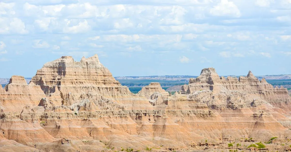 Sweeping view of the stunning layered rock formations in South Dakota's Badlands National Park.