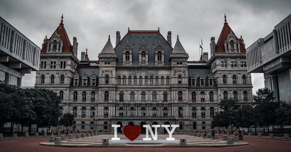 Captivating facade of the New York State Capitol with iconic I ❤️ NY sculpture.