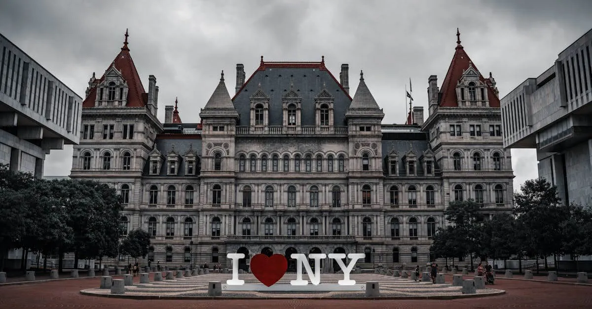 Captivating facade of the New York State Capitol with iconic I ❤️ NY sculpture.