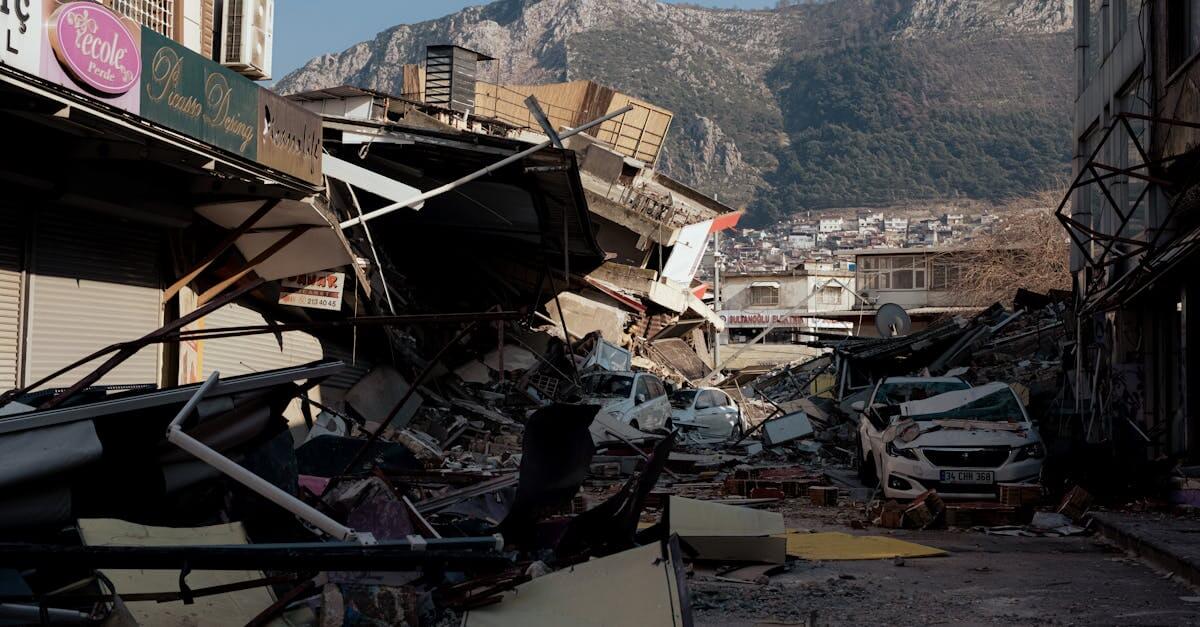 Devastating earthquake destruction in Antakya, showing collapsed buildings and debris.