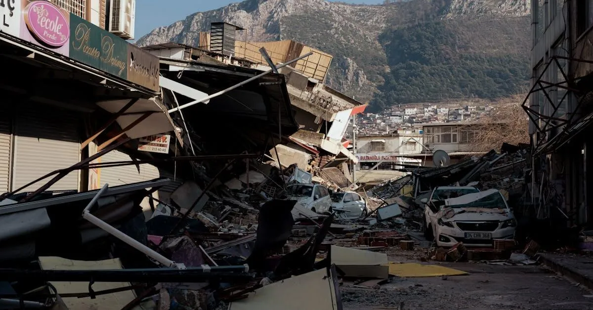 Devastating earthquake destruction in Antakya, showing collapsed buildings and debris.