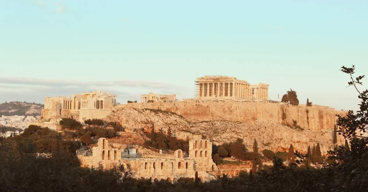 The iconic Acropolis of Athens, a UNESCO World Heritage Site, bathed in warm sunset light.