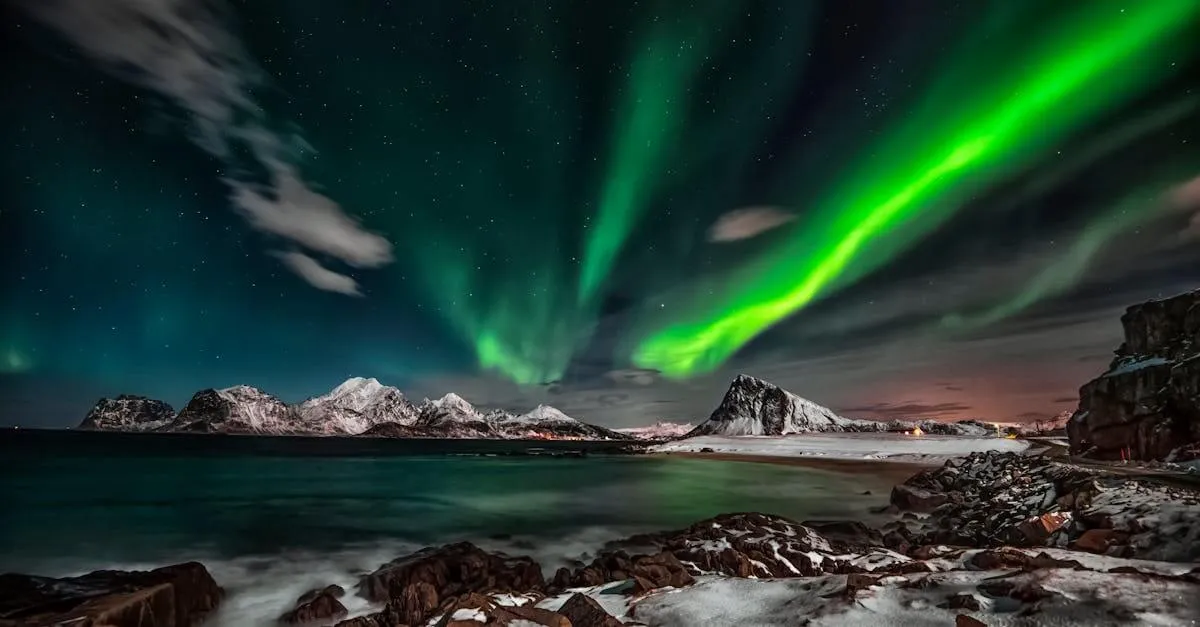 Captivating view of the Northern Lights over snow-covered Lofoten Islands at night.