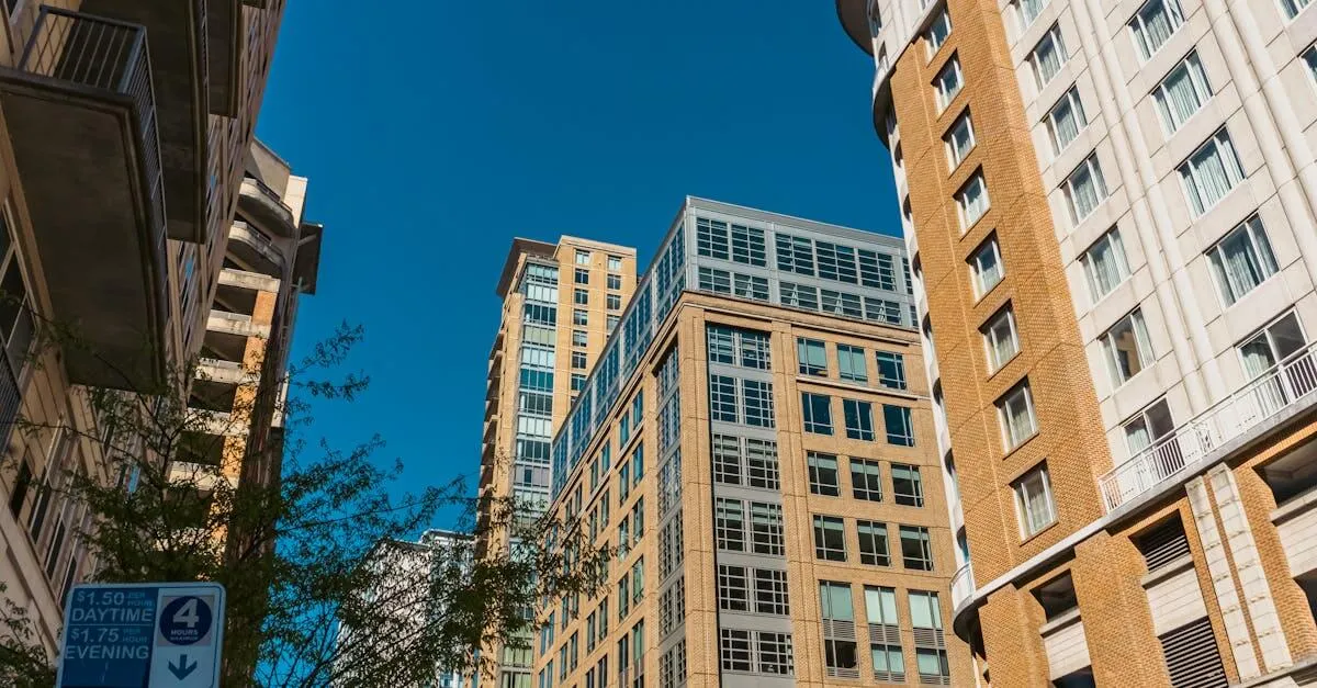 High-rise buildings in Baltimore against a clear blue sky with urban vibes.