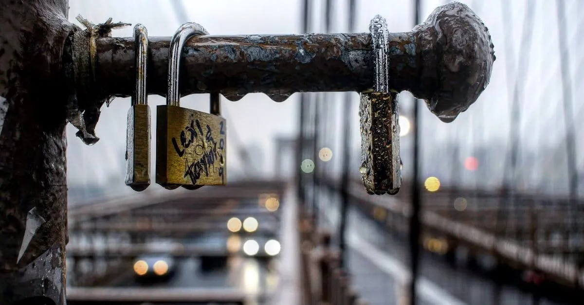 Close-up of rusty padlocks on a wet urban bridge with a bokeh cityscape background.