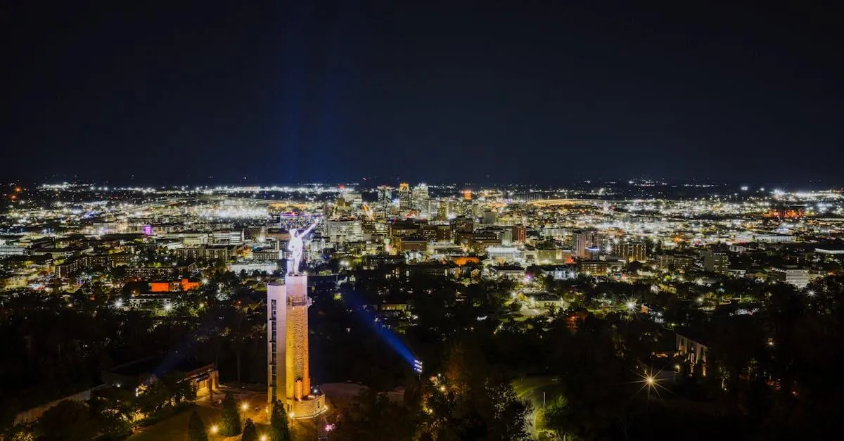 Aerial view of Birmingham's nighttime skyline featuring the iconic Vulcan statue.