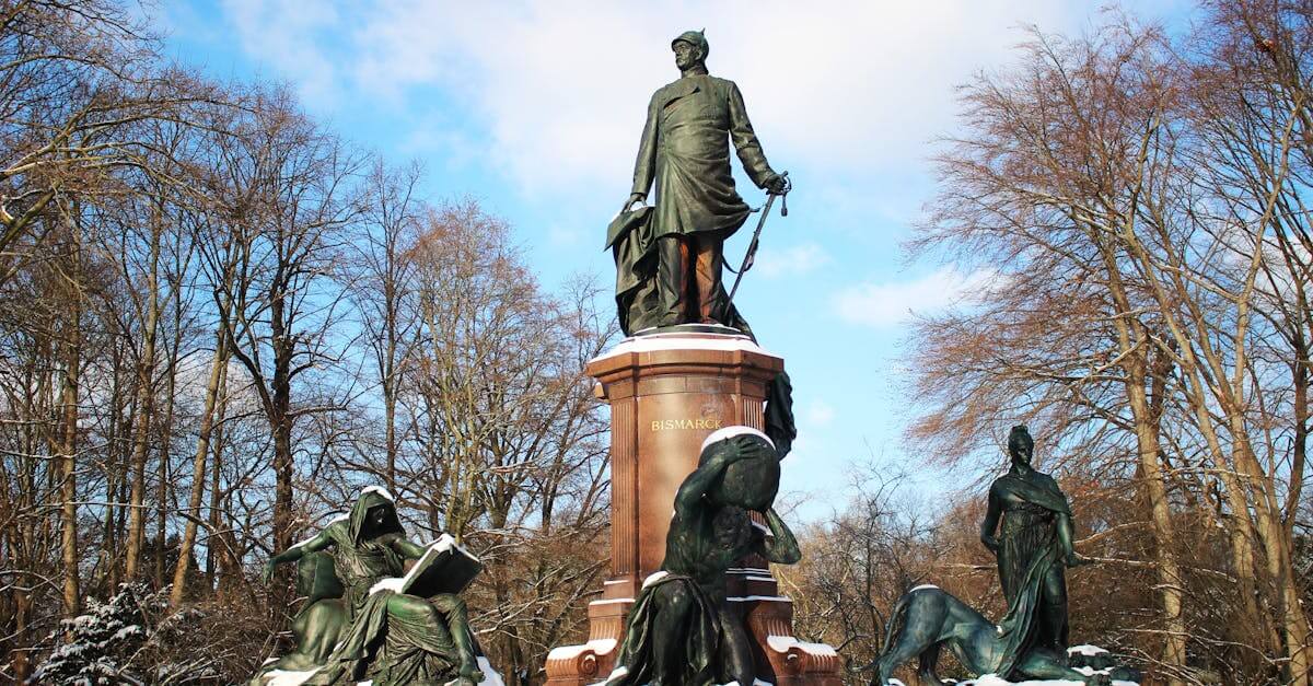 Snow-covered Bismarck Memorial in Berlin against a clear winter sky.
