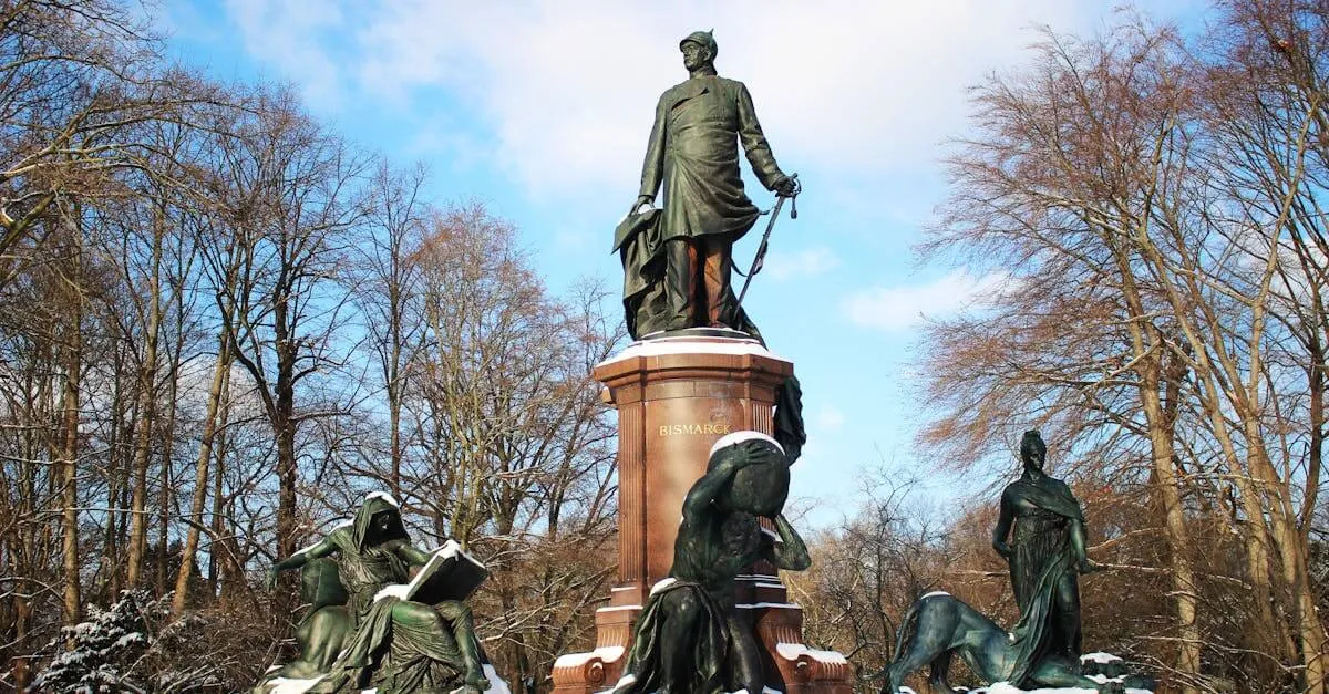 Snow-covered Bismarck Memorial in Berlin against a clear winter sky.