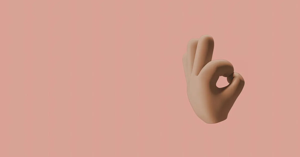 Minimalist 3D illustration of an 'OK' hand gesture on a beige background.