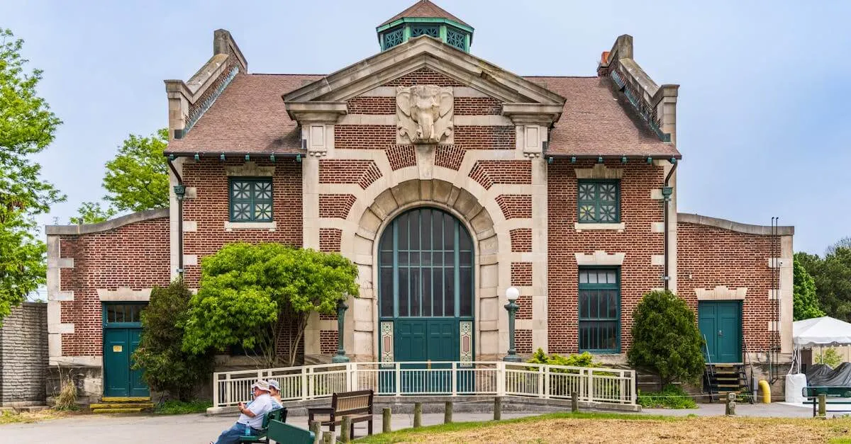 Front view of the historic Elephant House at the Buffalo Zoo, a landmark of unique architecture.