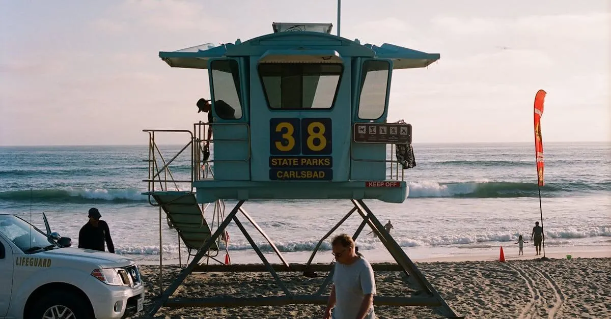 Lifeguard tower and vehicle on Carlsbad Beach with ocean waves and people enjoying a summer day.