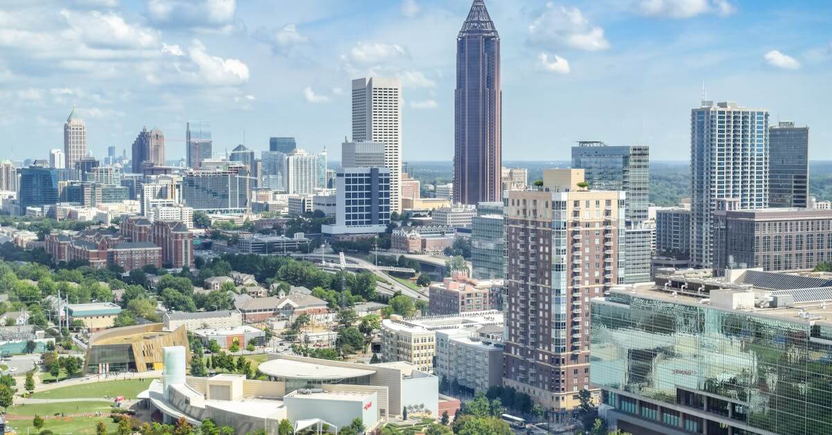 A breathtaking aerial view of the Atlanta skyline with high-rise buildings under a clear blue sky.