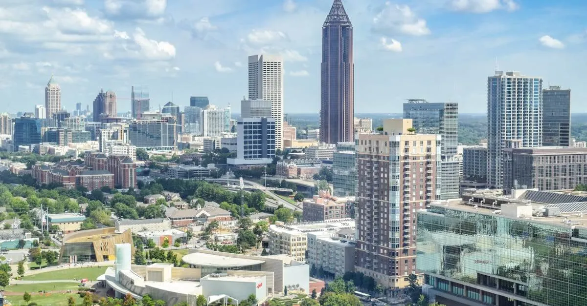 A breathtaking aerial view of the Atlanta skyline with high-rise buildings under a clear blue sky.