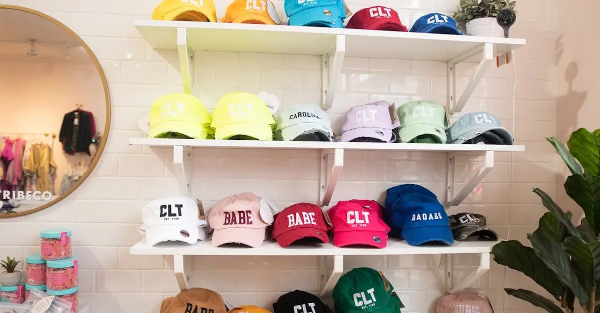 A vibrant array of baseball caps on display in a Charlotte boutique.