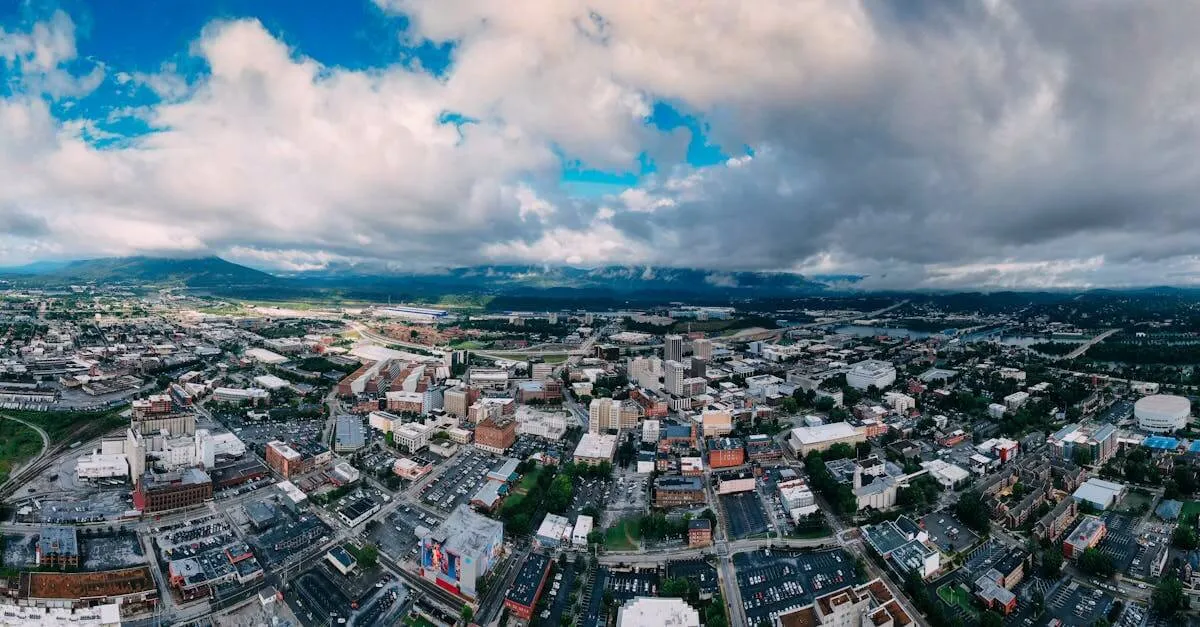 Panoramic aerial view capturing Chattanooga's vibrant skyline and surroundings.