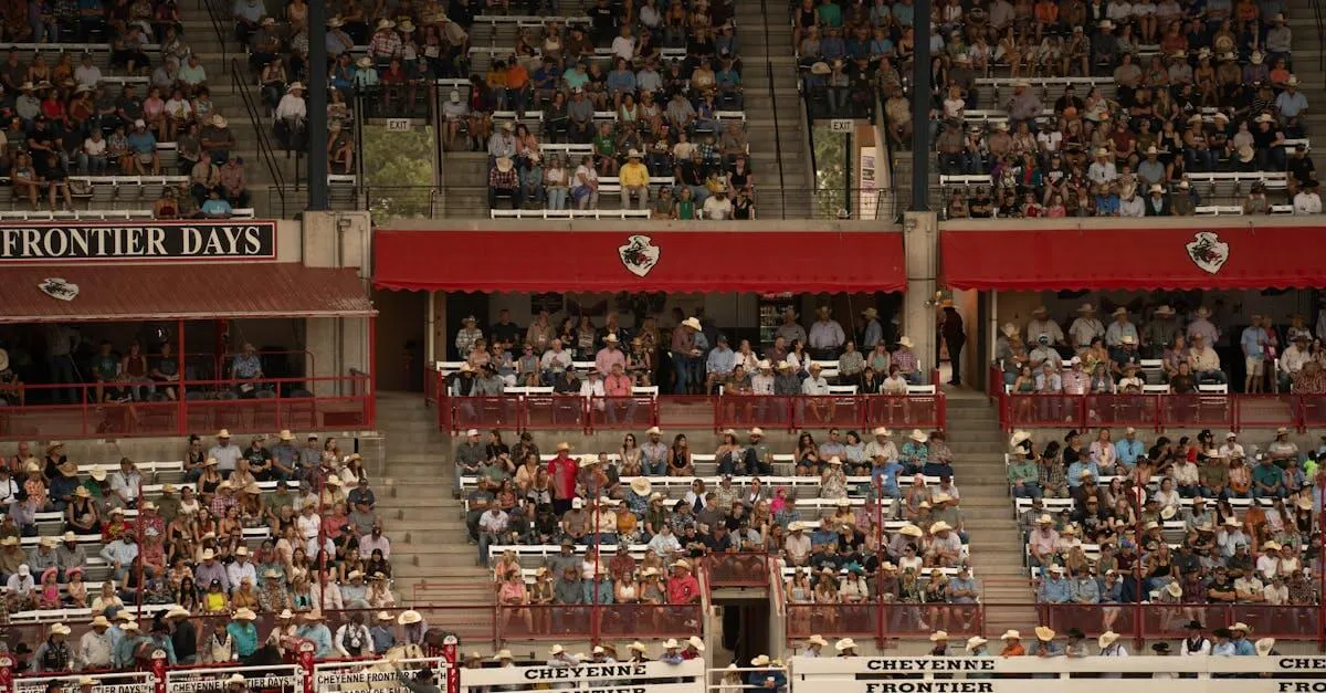 A large crowd enjoys the lively atmosphere at Cheyenne Frontier Days Rodeo in Wyoming.