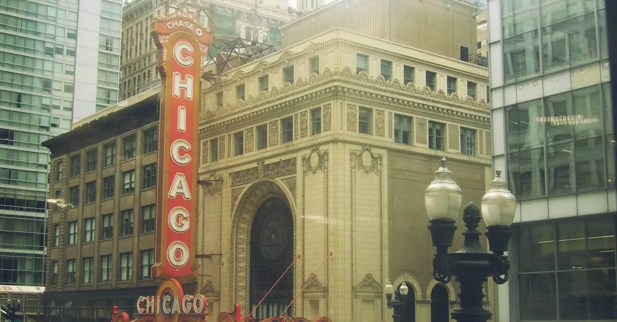Chicago Theatre marquee in downtown, showcasing architectural beauty and urban life.