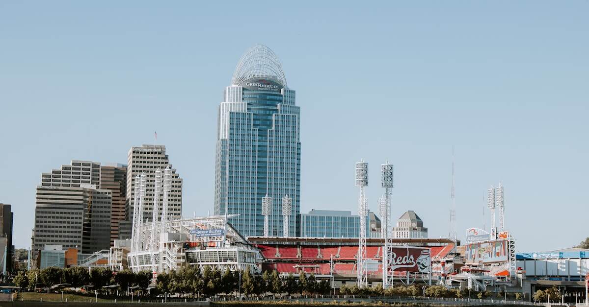 Photo of Cincinnati skyline with Great American Ball Park and modern skyscrapers, captured from a riverside view.