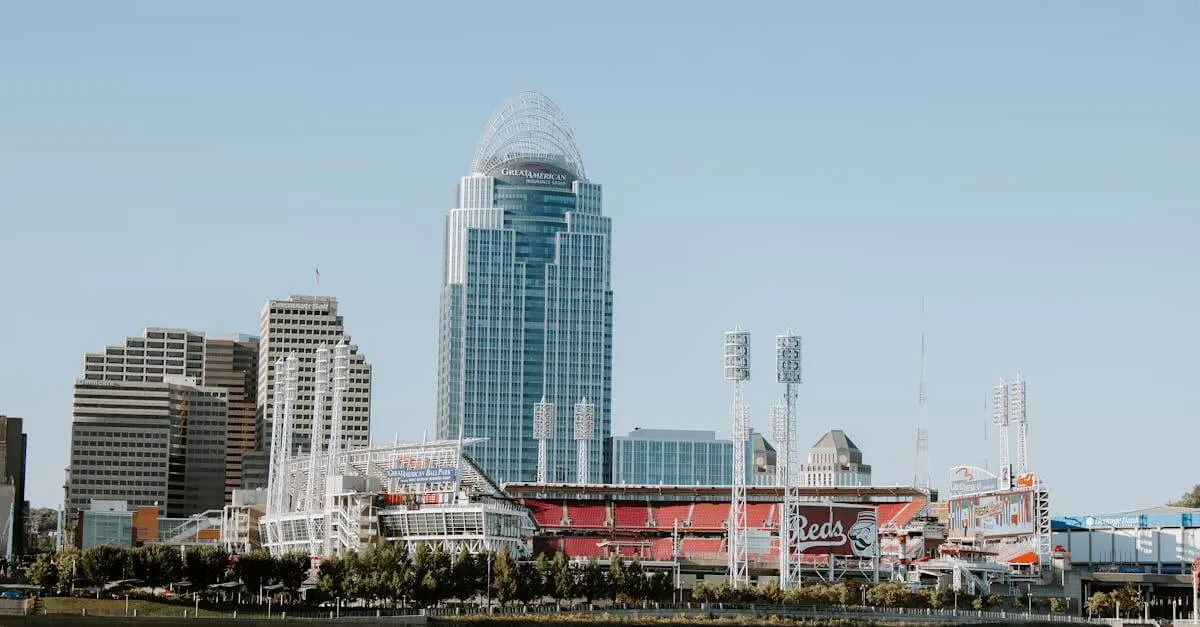 Photo of Cincinnati skyline with Great American Ball Park and modern skyscrapers, captured from a riverside view.