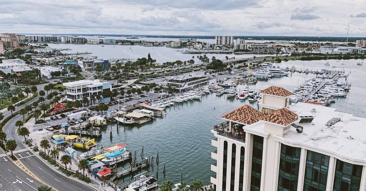 Panoramic aerial view of Clearwater Marina, showcasing the vibrant cityscape and coastline.