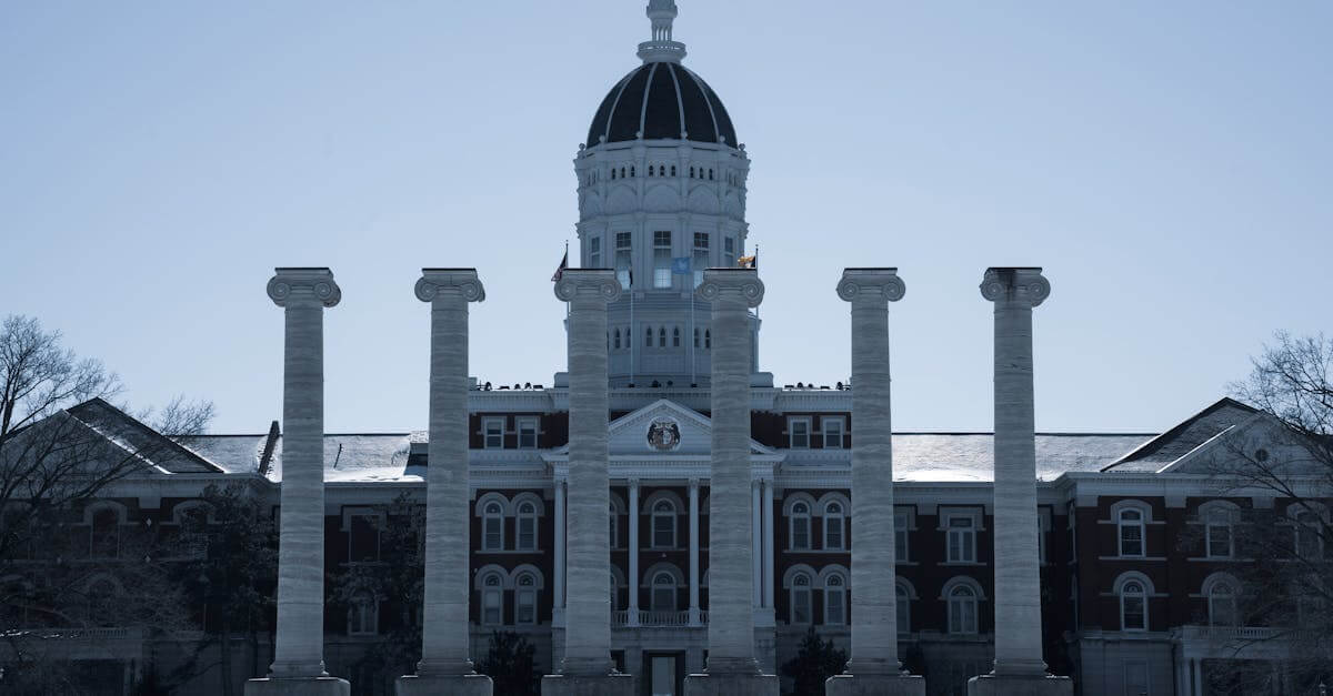 Winter view of the iconic columns and Jesse Hall at the University of Missouri in Columbia.