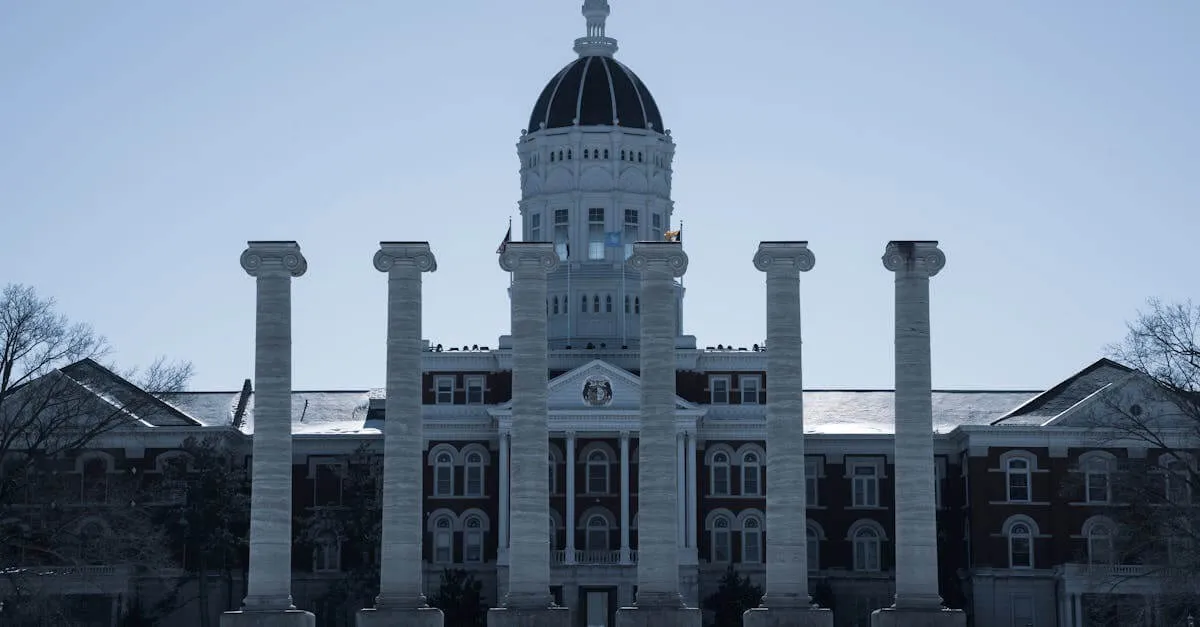 Winter view of the iconic columns and Jesse Hall at the University of Missouri in Columbia.