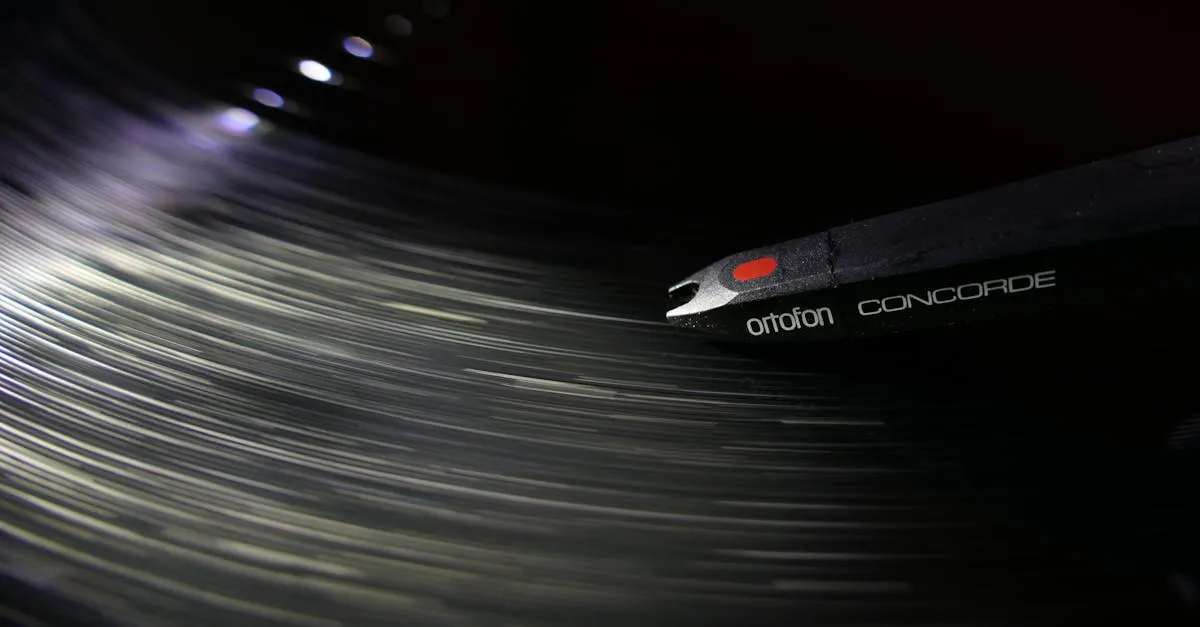 Dynamic close-up of an Ortofon Concorde needle playing a vinyl record, capturing the motion and vibe of music.