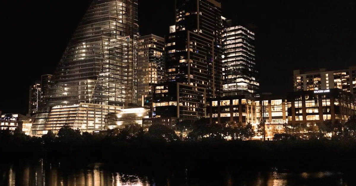 Illuminated skyscrapers reflecting in the river at night in downtown Austin, Texas.