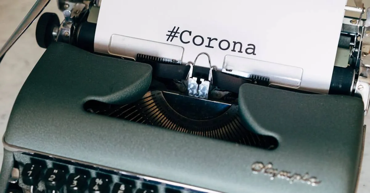 Close-up of a retro typewriter typing the word #Corona on paper, symbolizing vintage communication.