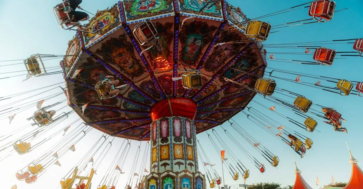 Colorful swing ride spinning at an amusement park in Costa Mesa, California.