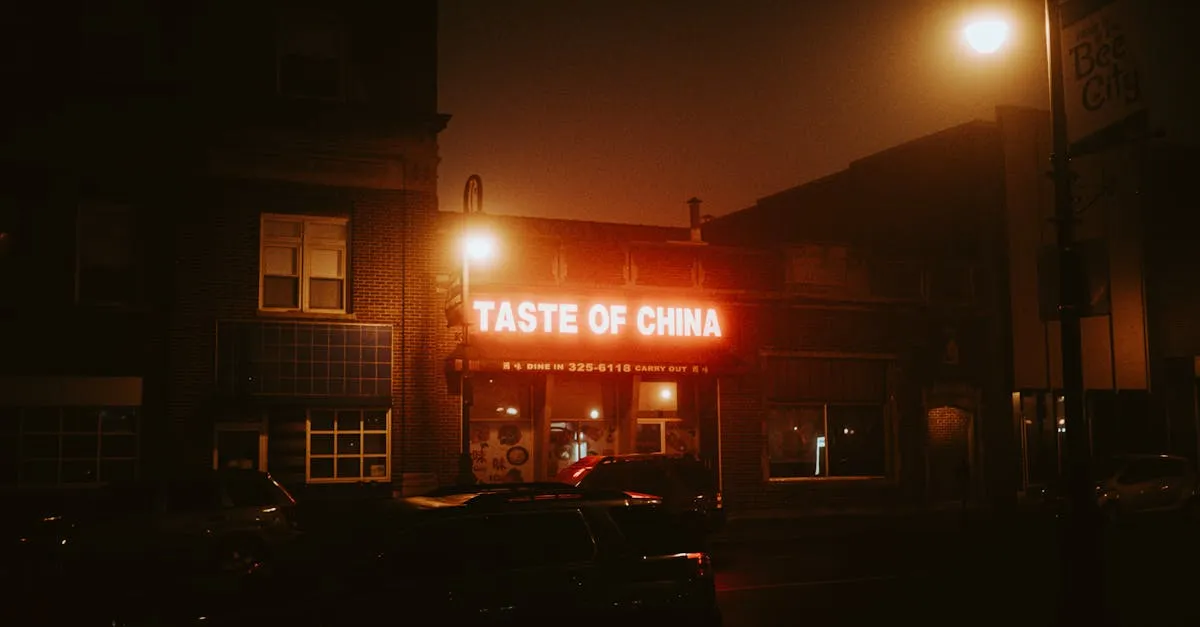Moody nighttime street scene featuring the Taste of China restaurant in Council Bluffs.