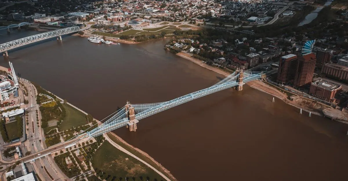 From above of city view and John Roebling Suspension Bridge crossing river with muddy water located in USA