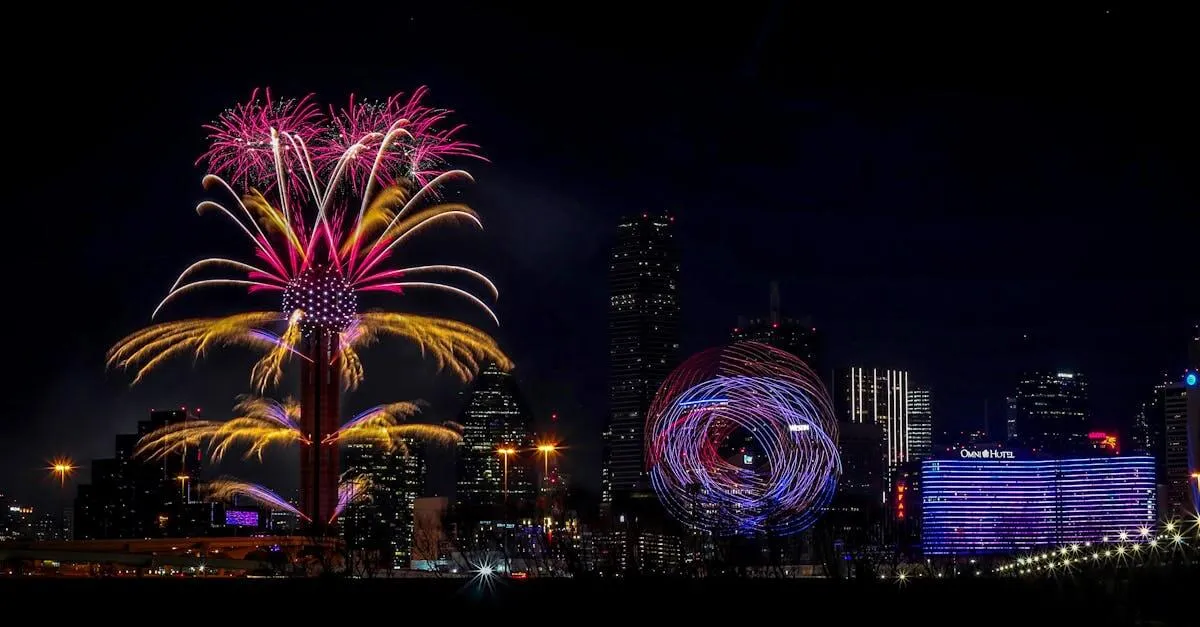 Vibrant fireworks display over the Dallas skyline, capturing the New Year's Eve celebration at night.