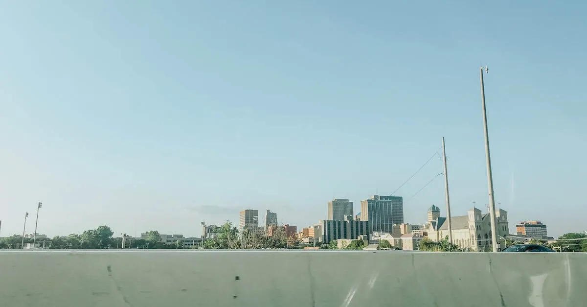 Scenic view of downtown Dayton skyline under a clear blue sky, ideal for urban landscapes.