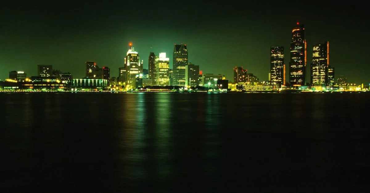 Stunning nighttime view of Detroit's illuminated skyline across a calm river under a dark sky.