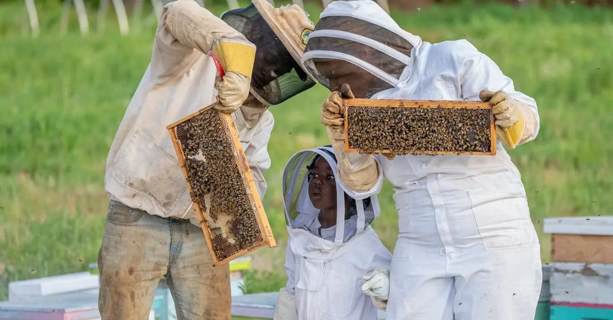 Family in protective gear tending bees in a North Carolina apiary.
