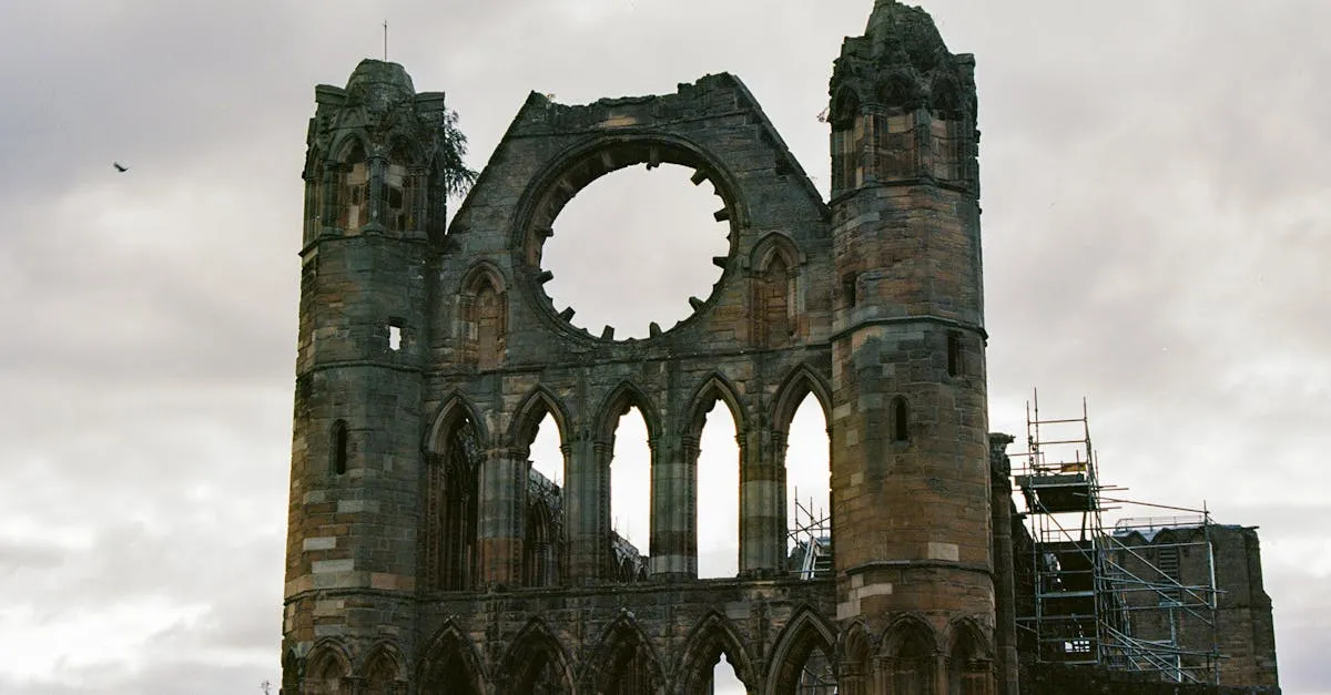 Capture of the majestic ruins of Elgin Cathedral against a cloudy Scottish sky.