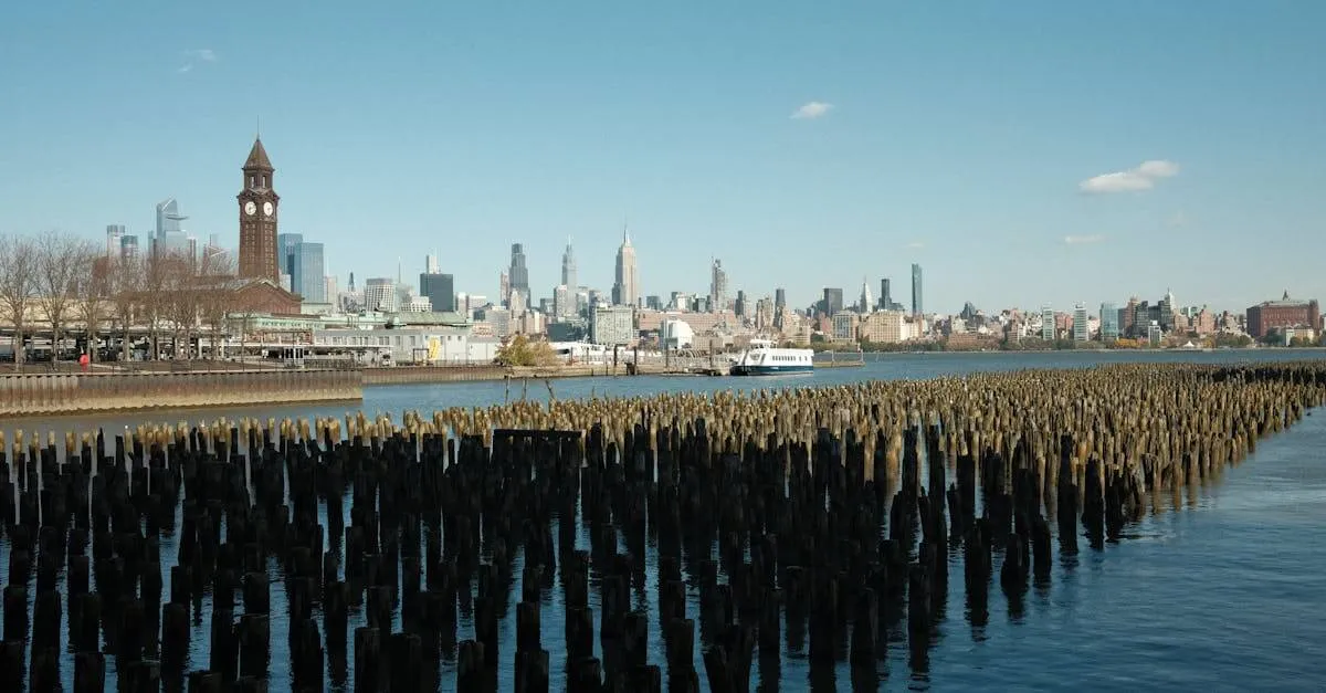 Scenic view of New York City skyline from Hoboken waterfront with wooden piers in the foreground.
