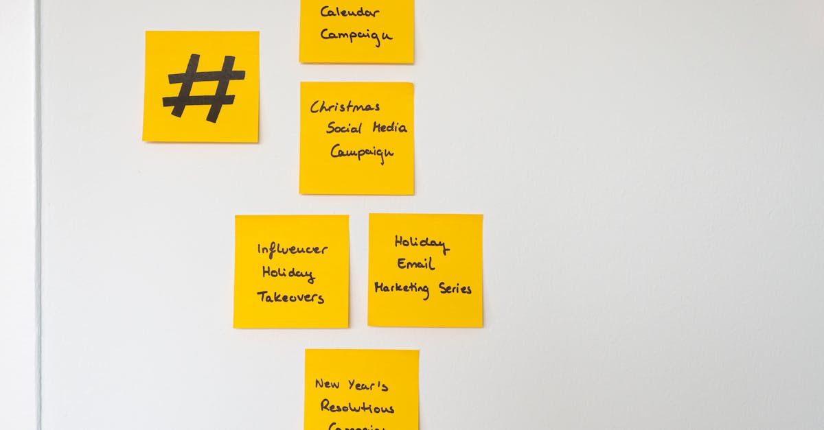 Organized yellow sticky notes on a white wall for holiday marketing strategies.