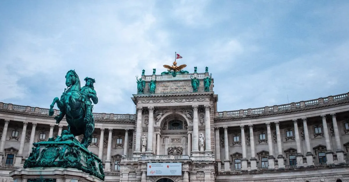 Majestic equestrian statue and Hofburg Palace in Vienna, showcasing classic architecture and cultural heritage.