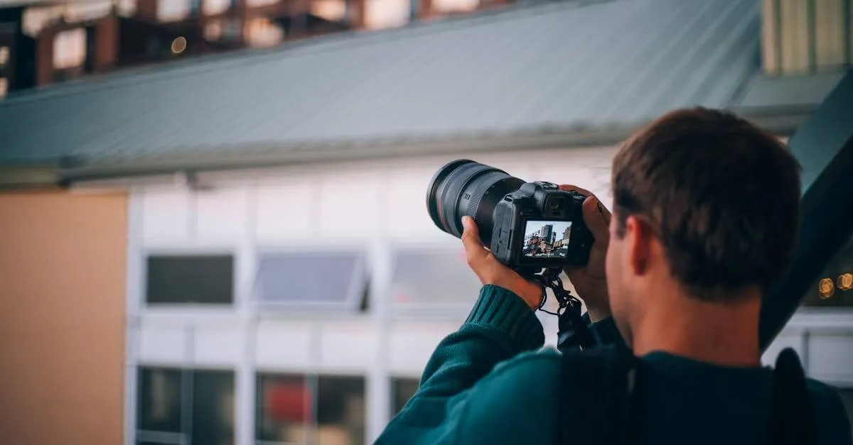 A photographer focuses on Seattle's architecture through a camera lens, highlighting the city's urban environment.