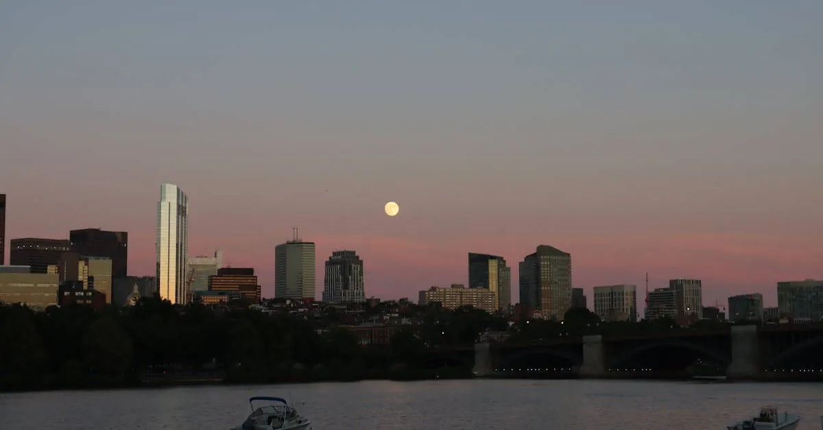 Scenic view of Boston skyline and Charles River at dusk with a full moon backdrop.