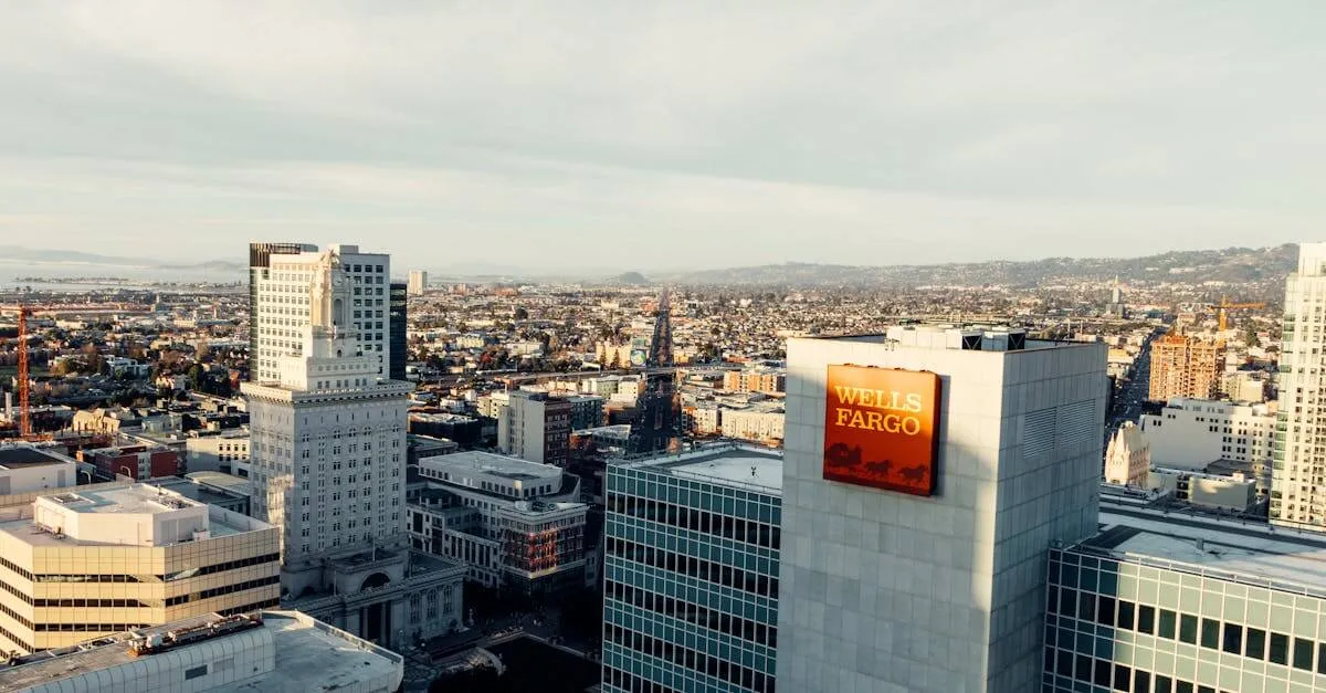 Aerial view of Oakland cityscape featuring Wells Fargo building and urban skyline.