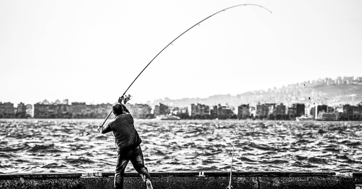 A man casting a fishing line by the sea with a cityscape in the background.