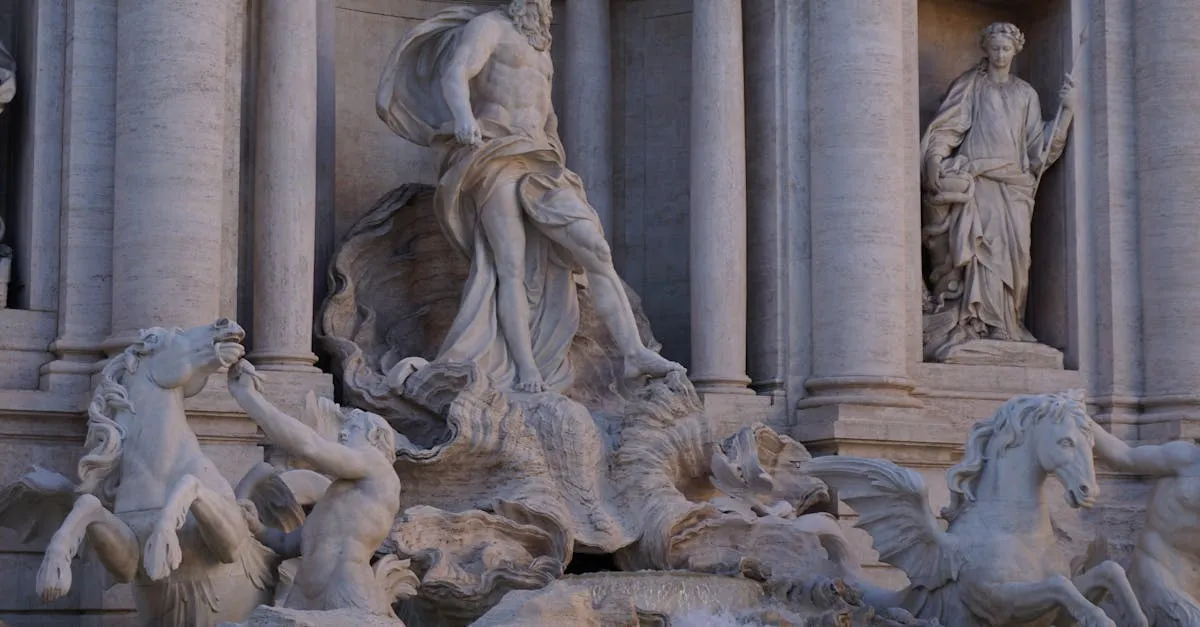 Capture of the iconic Trevi Fountain showcasing its stunning baroque sculptures in Rome, Italy.