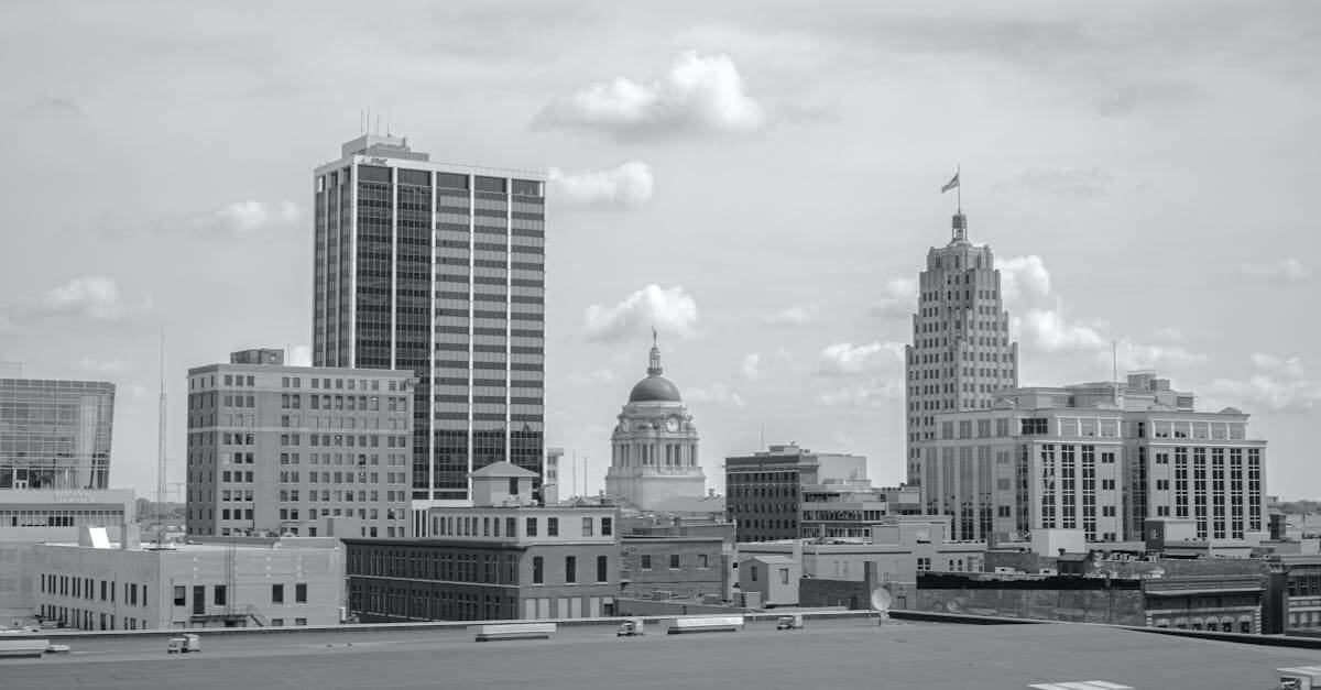 Grayscale cityscape of Fort Wayne, Indiana showcasing prominent buildings and skyline.