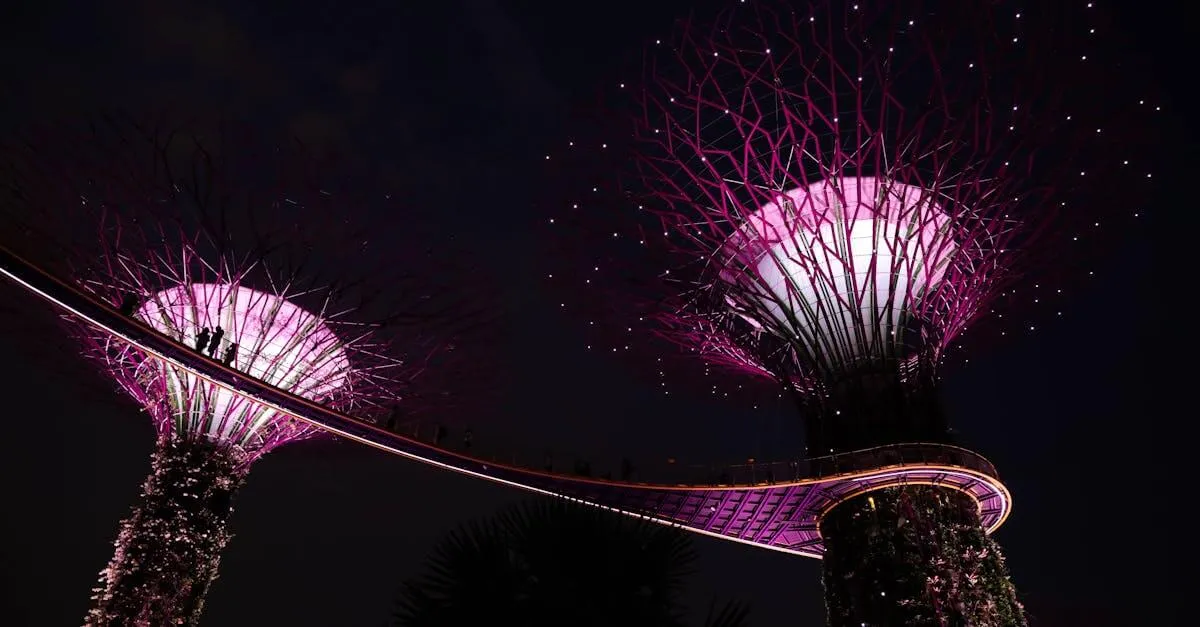 Iconic Supertree Grove illuminated at night, a must-see attraction in Singapore's Gardens by the Bay.