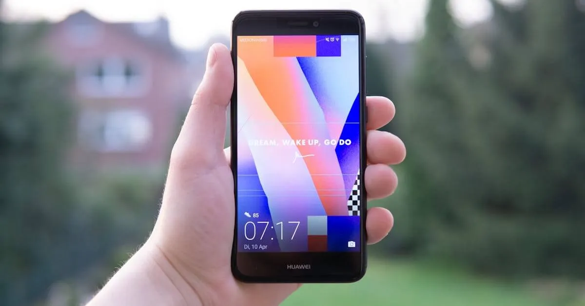 Hand holding a Huawei smartphone displaying a colorful screen outdoors in Germany.