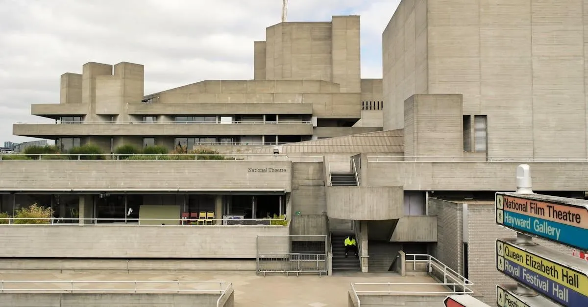 Exterior view of the iconic Brutalist National Theatre in London highlighting its unique modern architecture.