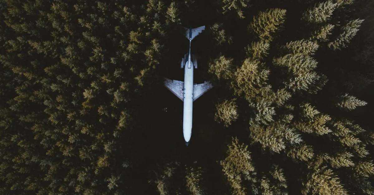 Drone shot capturing an airplane surrounded by a dense forest in Hillsboro, OR.